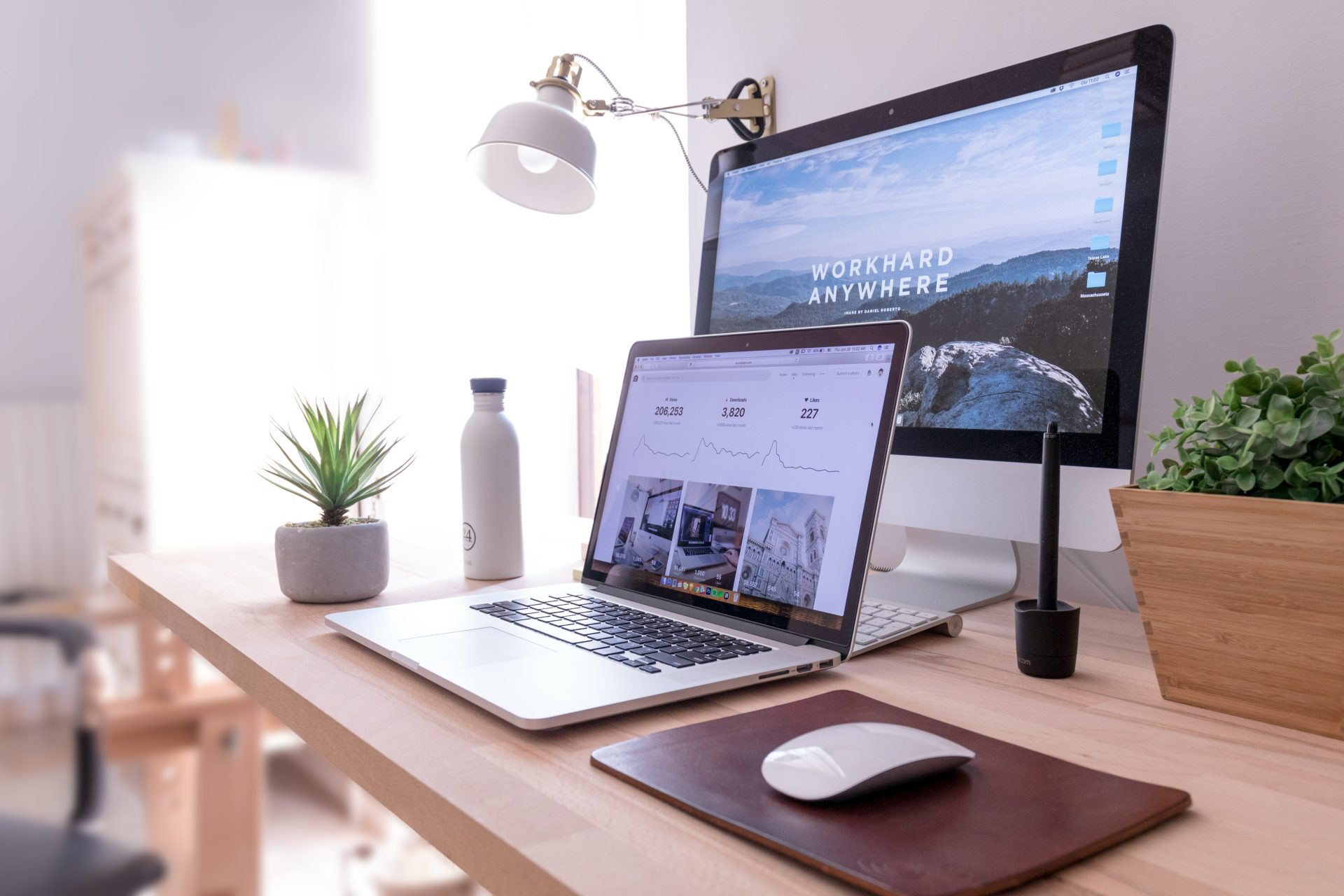 Desk with computers and plants